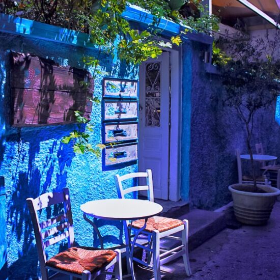 Streets city of Aegina with charming cafes, Aegina Island